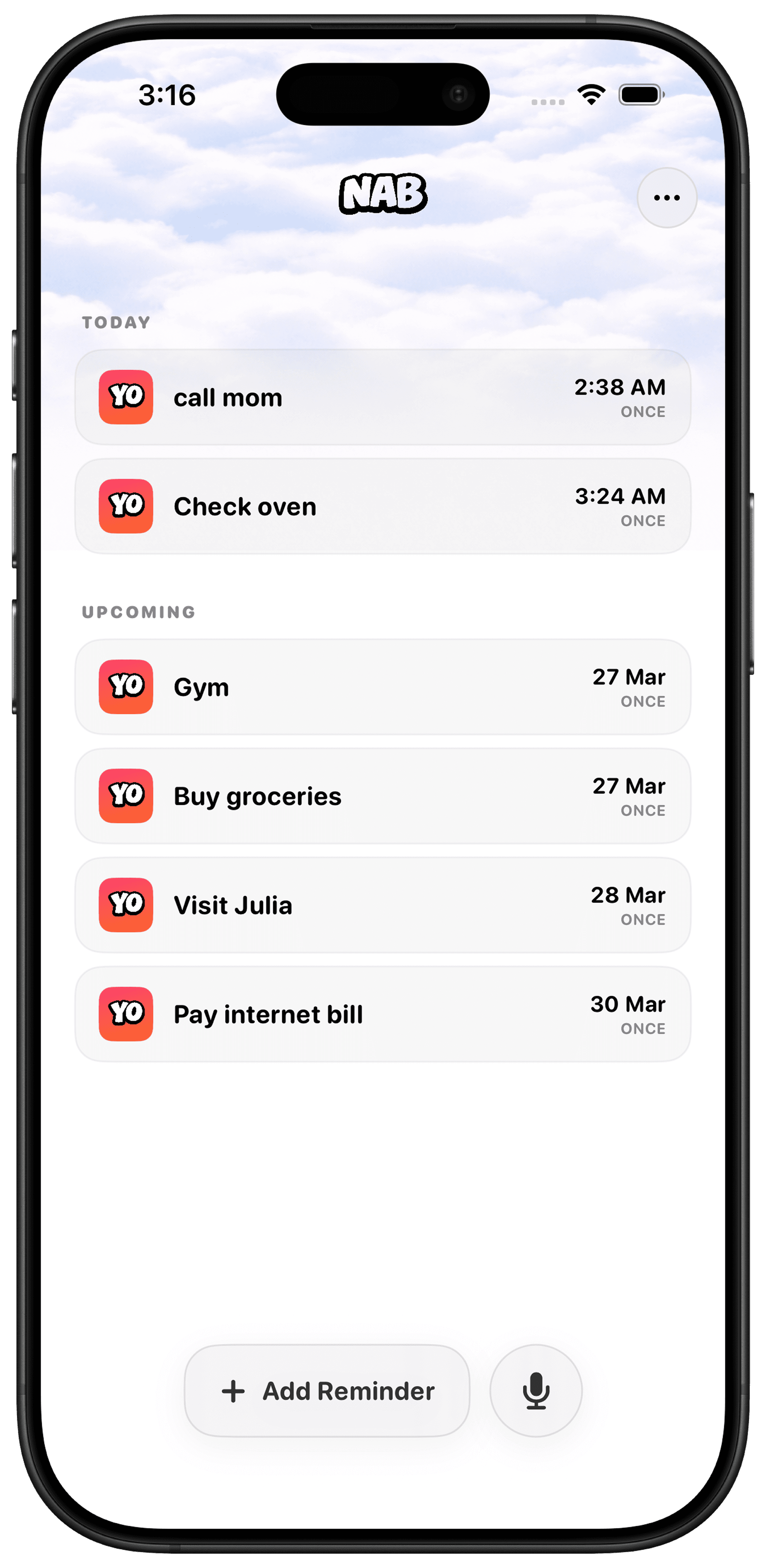 Nab iPhone app showing voice-captured reminders